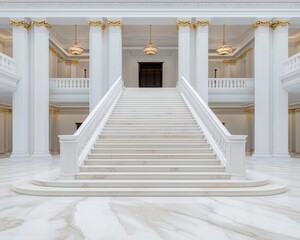 Bank interior with grand staircase, plush carpets, crystal chandeliers, ornate details, classic bank design, luxury financial service