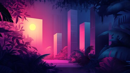 Poster - Abstract Cityscape with Neon Lights and Tropical Foliage
