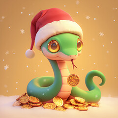 Poster - A green snake wearing a Santa hat and holding a coin. The snake is surrounded by gold coins