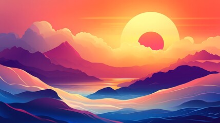 Wall Mural - Abstract Sunset Over Mountains and a Lake