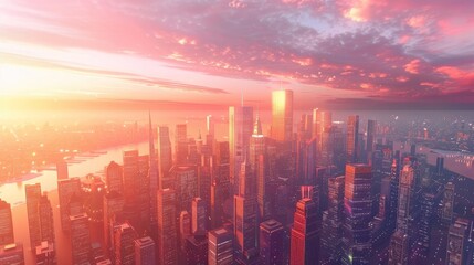 Wall Mural - Landscape of metropolis. City with skyscrapers. Evening downtown. Dawn in metropolis. Concept of business real estate in downtown. Skyline from skyscrapers. Metropolis under sky. 3d image