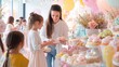 © Sumet - A joyful scene of a mother and daughter selecting colorful pastries at a festive dessert table, surrounded by cheerful decorations.
