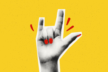 Collage element of halftone hand with rock, goat gesture against bold yellow textured background with copy space. Good, I love you sign. Cut out magazine shape. Grunge modern retro vector illustration