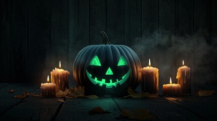 Glowing Halloween pumpkin surrounded by candles and bats, dark atmospheric background.