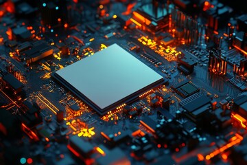 Poster - This is an abstract technology background of a computer system with a processor and electronic circuits. Artificial neurons, data connections, and quantum computing are part of the system.