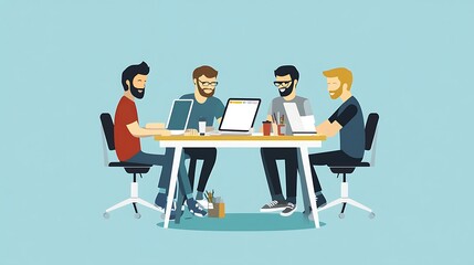 Poster - Four Men Working on Laptops at a Table