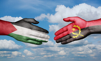 Palestine and Gaza strip and Angola country handshaking with flags, consensus concept international co-operation illustration