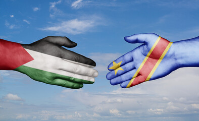 Congo-Kinshasa and Palestine and Gaza strip country handshaking with flags, consensus concept international co-operation