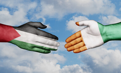 Ivory Coast or Cote d'Ivoire and Palestine and Gaza strip country handshaking with flags, consensus concept international co-operation illustration