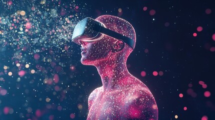 Poster - Stock photo: Virtual reality glasses. Woman holds virtual reality headset surrounded by vivid neon lights suggesting futuristic technology.