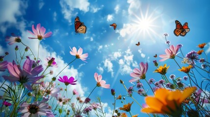 Poster - A field of flowers with butterflies flying in the sky