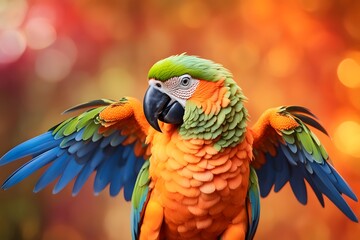 A colorful parrot with tropical flowers growing from its wings standing against a vivid orange bokeh effect, AI Generated