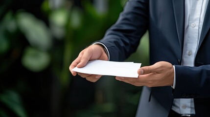 A professional man hands over a blank piece of paper, symbolizing communication and business transactions in a lush setting.