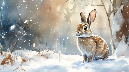 Wall Mural - Watercolor Painting of a Rabbit in a Snowy Forest.