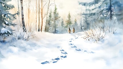 Wall Mural - Watercolor Painting of a Snowy Forest with a Rabbit