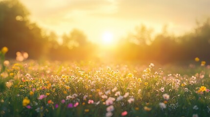 Wall Mural - A vibrant field of wildflowers blooms under a golden sunset in early summer, creating a tranquil atmosphere of natural beauty