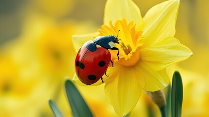 Wall Mural - A ladybug perches on a vibrant yellow daffodil in a sunny garden during springtime