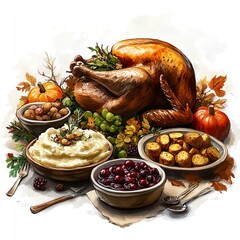 Thanksgiving feast table with a turkey centerpiece, mashed potatoes, gravy, and cranberry sauce, cozy autumn setting, digital painting, isolated on white background