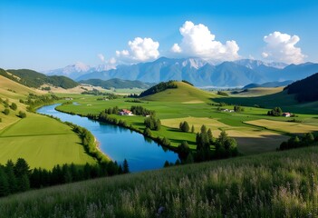 Lush green valley with a winding river under a clear blue sky and distant mountains during a sunny day. Generative AI