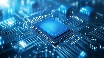 Poster - Circuit boards, processors and conductive lines on a blueish background