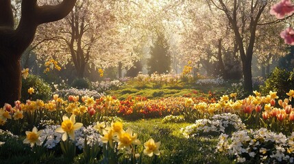 Sticker - Vibrant spring garden scene with blooming flowers and sunlight filtering through trees in a serene outdoor setting