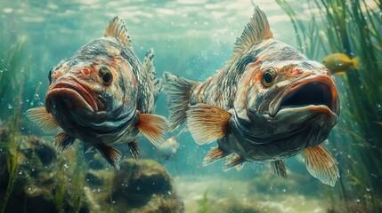 Two Fish Swimming Underwater in a Vibrant Aquarium