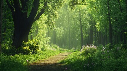 Wall Mural - Lush green forest path with sunlight filtering through trees and wildflowers blooming in springtime