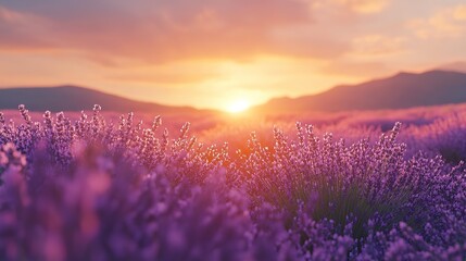 Wall Mural - A beautiful lavender field bathed in the golden glow of sunset with vibrant colors and soft clouds in the sky