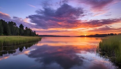 Wall Mural - Stunning sunset reflections over a tranquil lake surrounded by lush greenery in the heart of nature. Generative AI