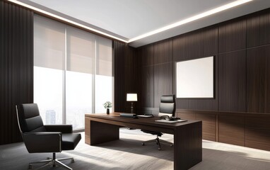 Illustrate an exclusive executive study, incorporating upscale furniture, gleaming accents, and a sophisticated colour palette