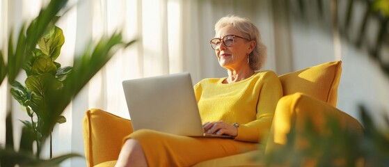 A senior woman relaxing on a yellow sofa, using a laptop in a bright living room with plants.