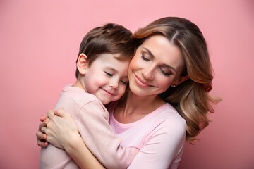 a mother and child on light pink background.