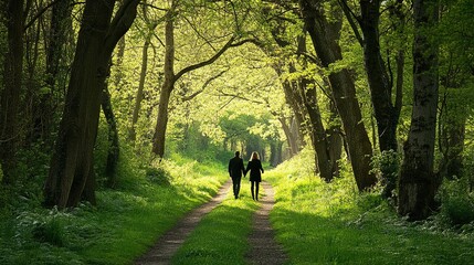 A couple enjoys a peaceful walk hand in hand through a sunlit forest path during early morning hours in spring