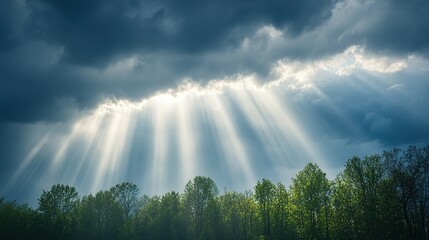 Dramatic sunlight breaking through dark clouds over a misty landscape in the early morning hours