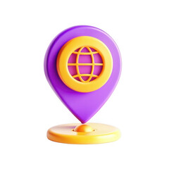 Poster - A colorful 3D map marker icon featuring a globe design in the center. The vibrant purple and yellow colors create an inviting visual effect.