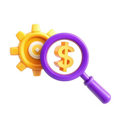 Poster - A colorful 3D illustration featuring a purple magnifying glass focusing on a dollar sign intertwined with a yellow gear, symbolizing financial analysis.