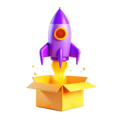 Poster - A colorful purple rocket is launching from an open yellow box, surrounded by sparks and a vibrant background, symbolizing creativity or innovation.