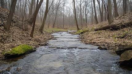 Wall Mural - A tranquil stream flows through a lush forest clearing during spring, showcasing new greenery and gentle water movement