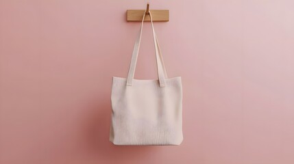 A minimalist canvas tote bag hanging on a wooden hook against a soft pink background.