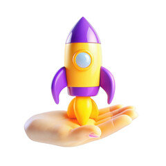 Poster - A colorful toy rocket is displayed on an open palm, showcasing vibrant yellow and purple colors against a black background.