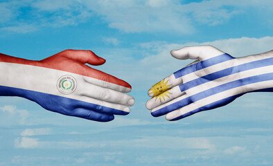 Uruguay and Paraguay country handshaking with flags, consensus concept international co-operation illustration