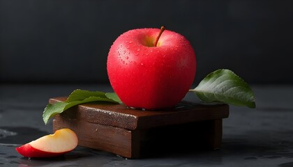 Wall Mural - Vibrant red apple resting on rustic wooden shelf