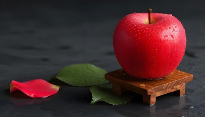 Wall Mural - Vibrant red apple resting on rustic wooden shelf