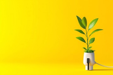 Poster - a simple illustration of a plant growing out of a power plug, symbolizing green energy in a clean, m