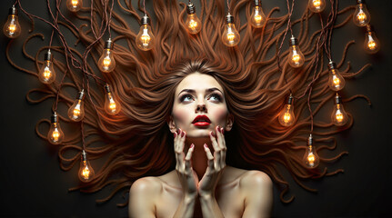 Woman with long flowing hair, surrounded by glowing lightbulbs, deep in creative thought.