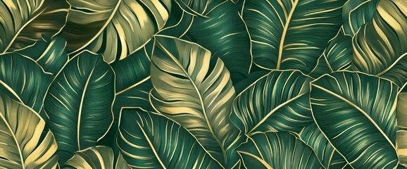 Canvas Print - Modern wallpaper design made from golden leaves with line art texture from monstera leaves, jungle leaves, exotic botanical floral pattern. Can be used as a print, banner, or wall art.