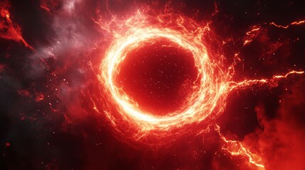 Poster - The swirling red plasma lightning circle emits intense light while glowing particles orbit around it, creating a mesmerizing display in the darkness of space