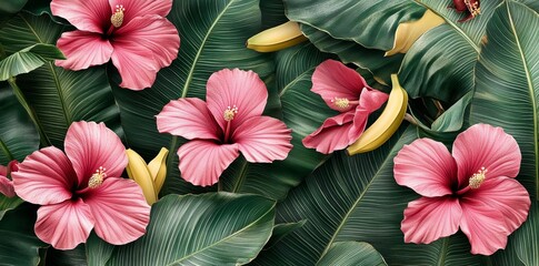 Sticker - Beautiful tropical seamless pattern with hibiscus flowers, palms, banana leaves. Hand-drawn vintage 3D illustration. Accent surface for luxury wallpapers, clothing.