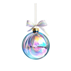 Wall Mural - hologram Christmas ball with ribbon and a bow, isolated on background. Generative AI