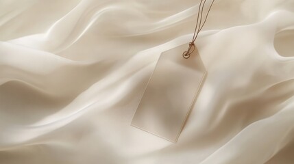 Poster - A clothing tag label mockup is gently suspended above a soft beige fabric, showcasing its transparent design and highlighting potential uses in fashion marketing